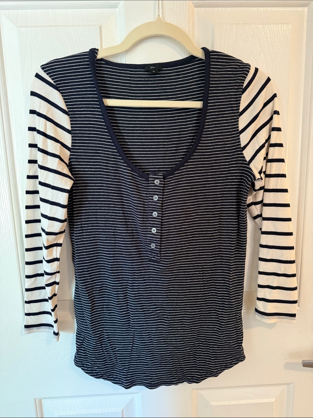 JCrew Striped Navy and White Long Sleeve Henley Top